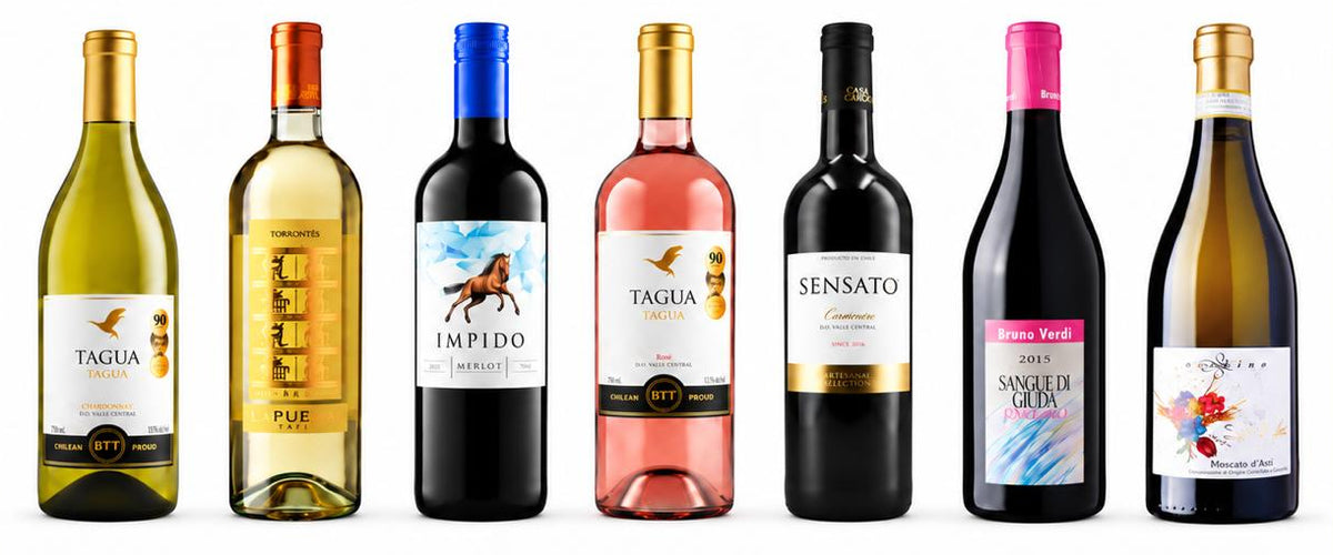 The seven participating Happy Hour wine bottles, available at $8 per glass.